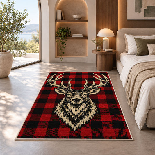 Buffalo Plaid Deer rug in a bedroom with an arched window