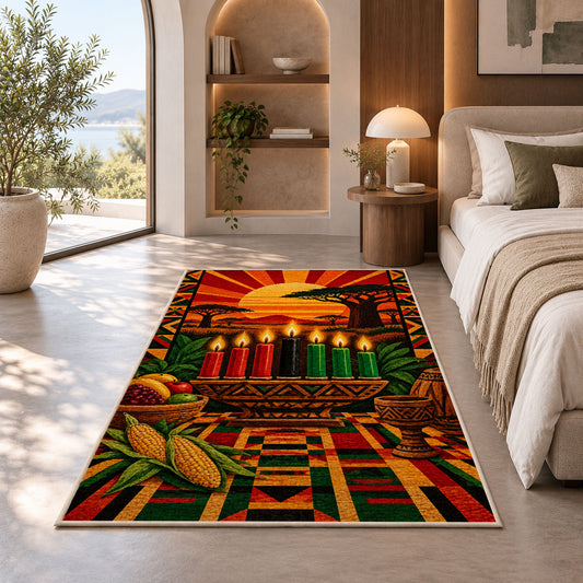 African Sunset Kwanzaa Rug in a bedroom with an arched window