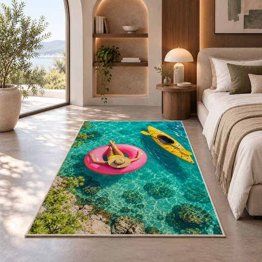 Pink float and yellow kayak rug in a bedroom with an arched window