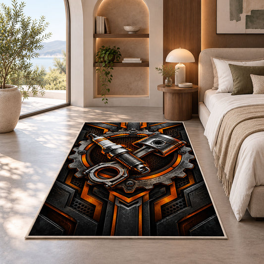 Spark plug and piston emblem rug in a bedroom with an arched window