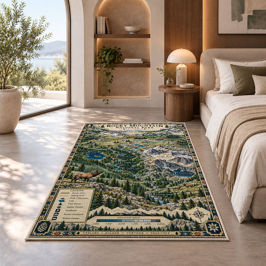 Illustrated Rocky Mountain park map rug in a bedroom beside a window