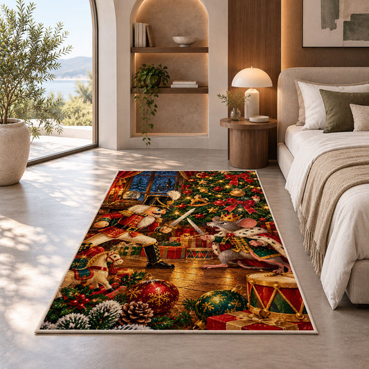 Nutcracker and Mouse King Rug in a bedroom with an arched window