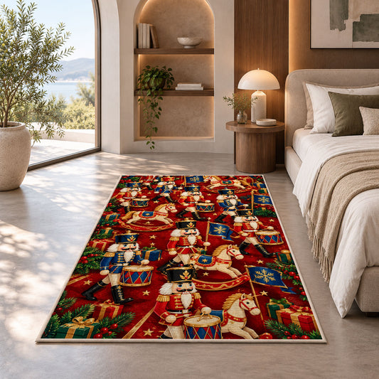 Toy Soldier Parade Christmas Rug in a bedroom with an arched window