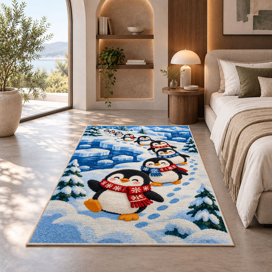 Penguin Parade Rug in a bedroom with an arched window