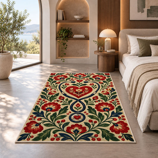 Folk Art Nurse Rug in a bedroom with an arched window