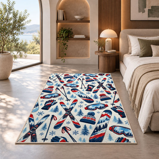 Ski gear pattern rug in a bedroom with an arched window