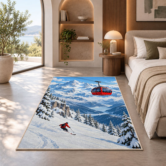 Alpine gondola rug in a bedroom with an arched window