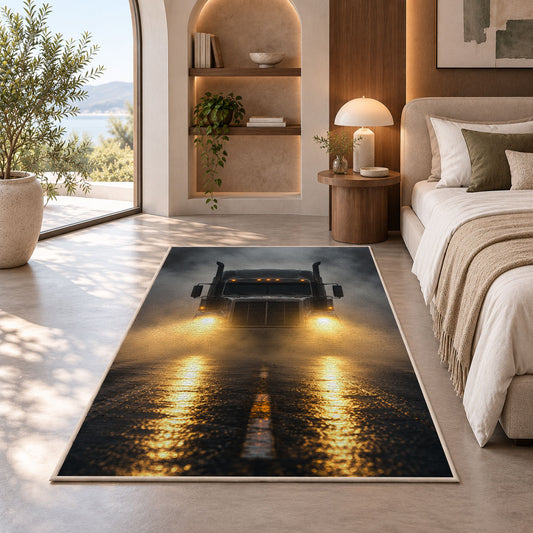 Semi truck headlights in fog rug in a bedroom with an arched window