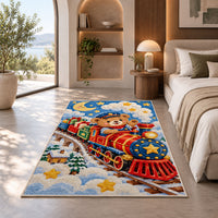 Teddy Bear Train Rug in a bedroom with an arched window