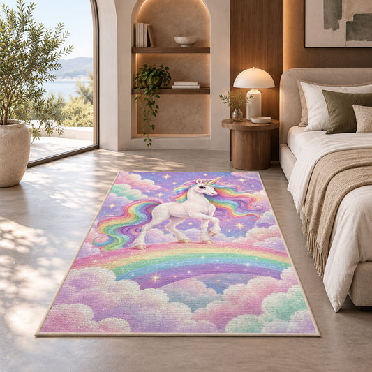 white unicorn on a rainbow rug in a bedroom with an arched window