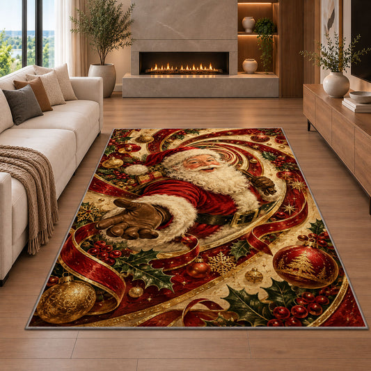 Vintage Santa Portrait Christmas Rug in a cozy living room