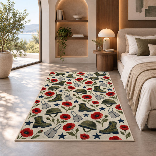 Military Tribute Pattern rug in a bedroom with an arched window