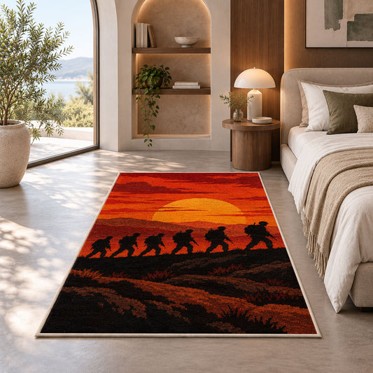 Soldiers March Sunset rug in a bedroom with an arched window