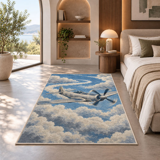 Vintage Propeller Plane rug in a bedroom with an arched window