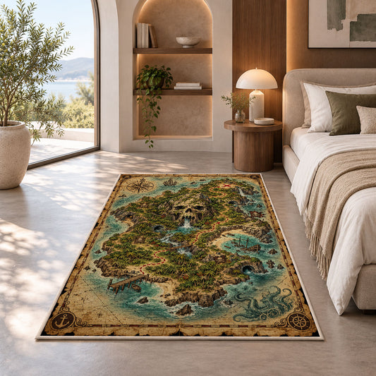 Vintage skull island treasure map rug in a bedroom beside a window