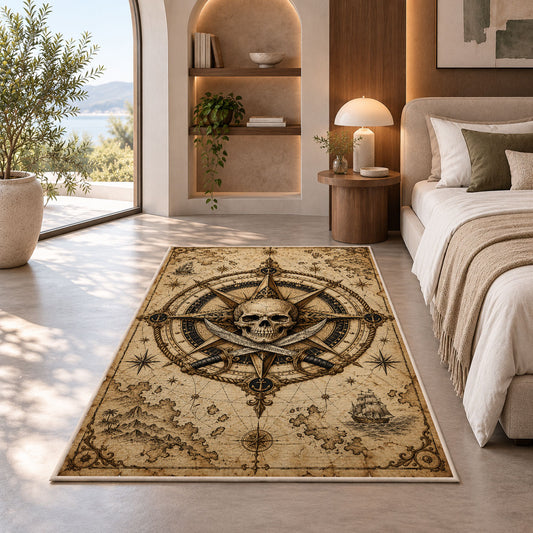 Light parchment skull nautical chart rug in a bedroom beside a window