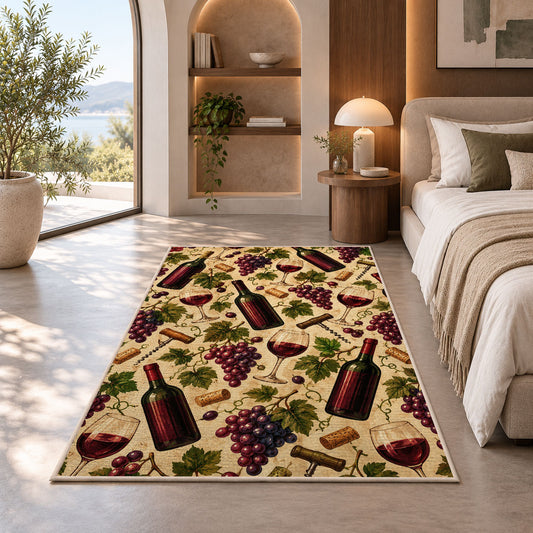 wine pattern rug in a bedroom with an arched window