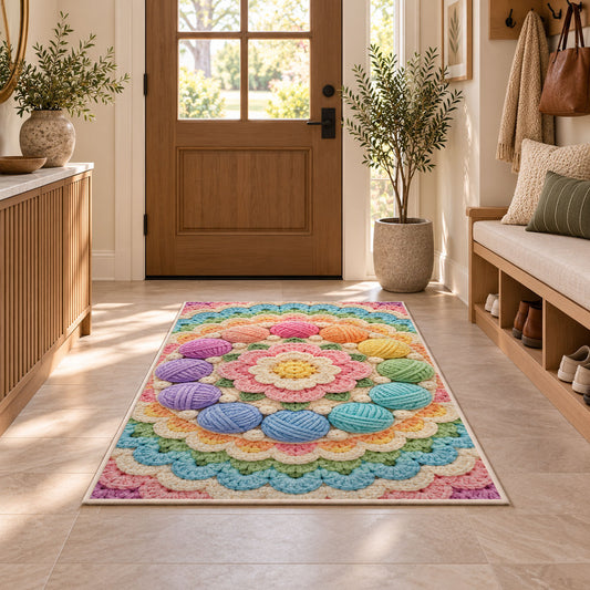 Circle of Yarn Balls Rug in an entryway with a wooden door and bench