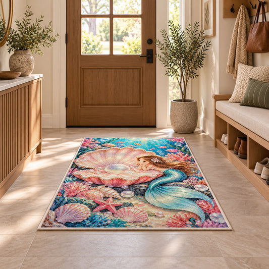 Pearl Shell and Mermaid Rug in an entryway with a wooden door and bench