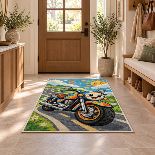 Cute Cartoon Motorcycle Kids Rug in an entryway with a wooden door and bench