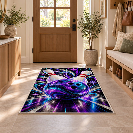 Sparkle Galaxy Bowling Ball Rug in an entryway with a wooden door and bench