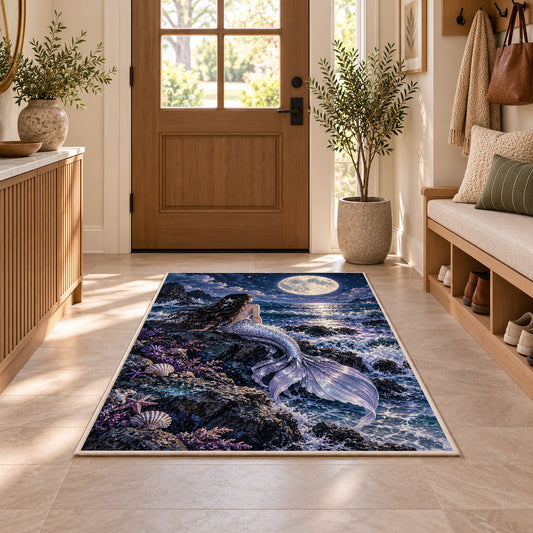 Mermaid Under the Moon Rug in an entryway with a wooden door and bench