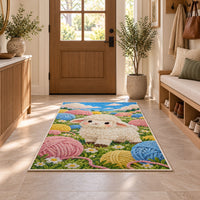 Sheep and Yarn Balls Rug in an entryway with a wooden door and bench