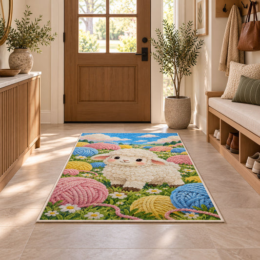 Sheep and Yarn Balls Rug in an entryway with a wooden door and bench