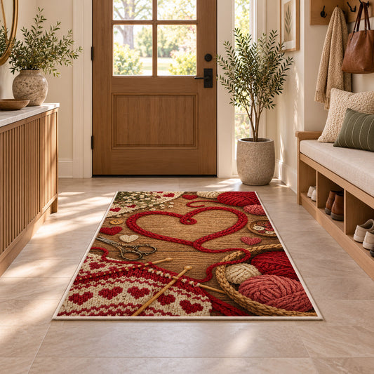 Yarn Heart Rug in an entryway with a wooden door and bench
