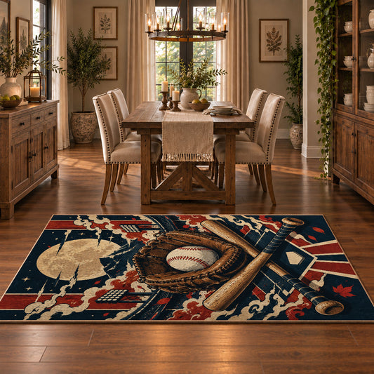 baseball glove crest collage area rug displayed in a dining room