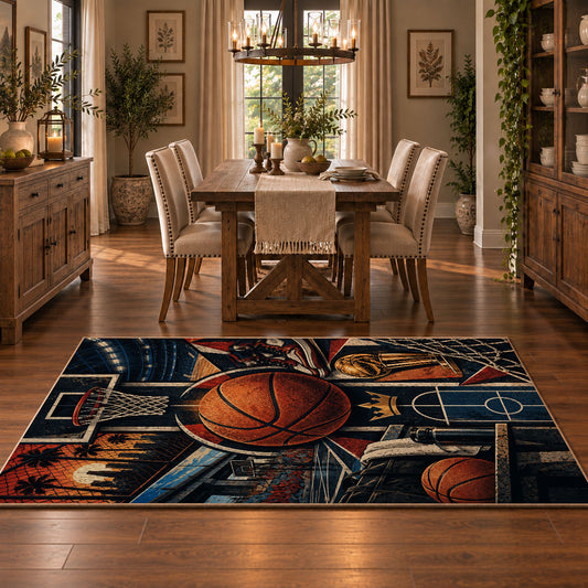 Basketball Hoop Collage Rug displayed in a dining room