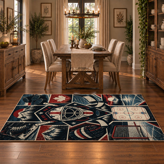 Hockey Gear and Rink Collage Rug displayed in a dining room