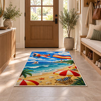 Beach Airplane Banner Rug in an entryway with a wooden door and bench