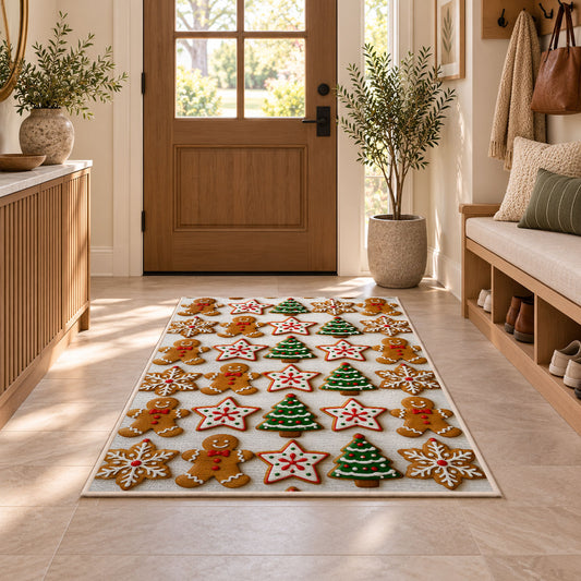 Christmas cookie grid rug in an entryway with a wooden door and bench