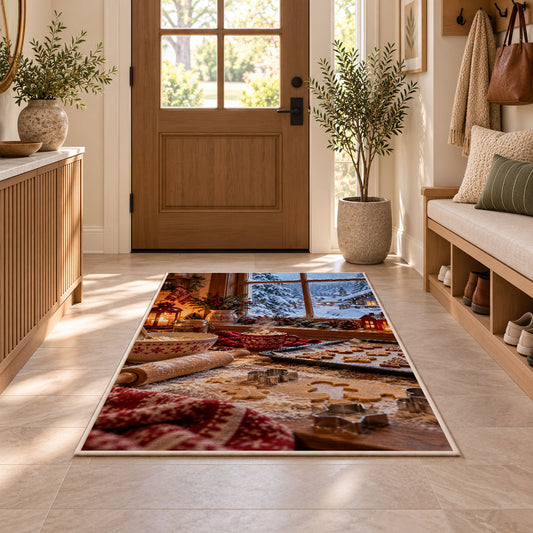 Winter baking window rug in an entryway with a wooden door and bench