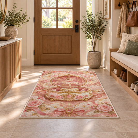 Ballerina music box rug in an entryway with a wooden door and bench