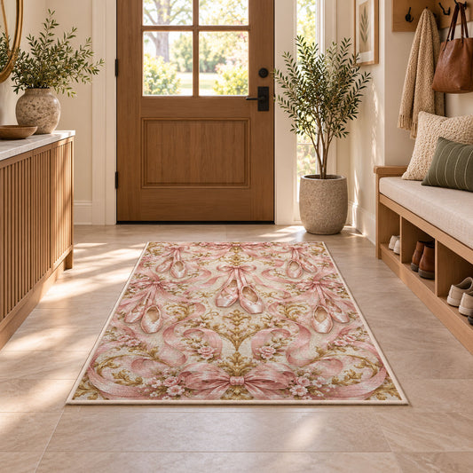 Pointe shoes ribbon damask rug in an entryway with a wooden door and bench