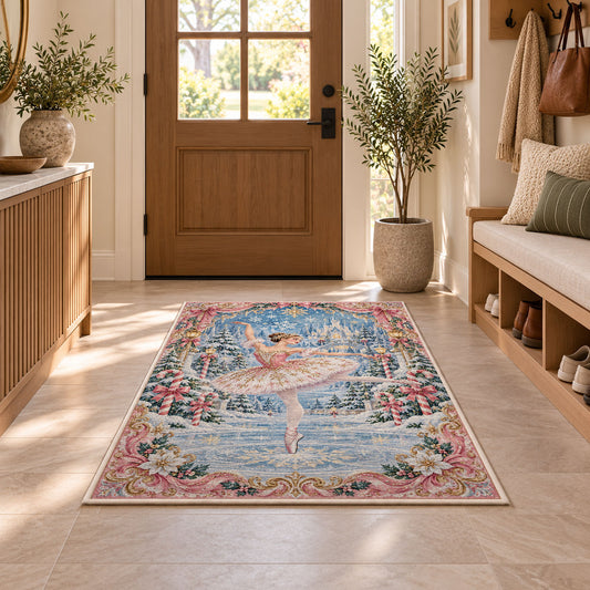 Winter ballerina rug in an entryway with a wooden door and bench