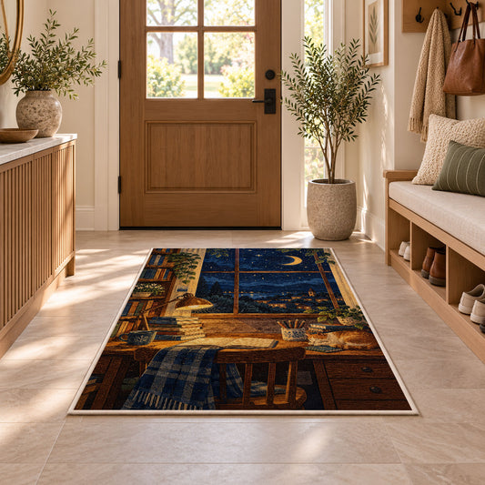 Starry Night Study Desk rug in an entryway with a wooden door and bench