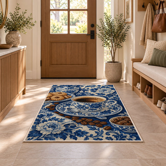 Blue Willow Coffee Cup rug in an entryway with a wooden door and bench