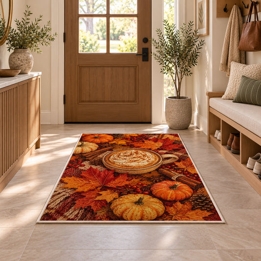 Pumpkin Spice Latte rug in an entryway with a wooden door and bench