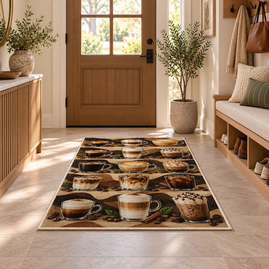 Coffee Drinks Guide rug in an entryway with a wooden door and bench