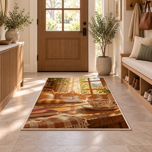 Cat and Morning Coffee rug in an entryway with a wooden door and bench