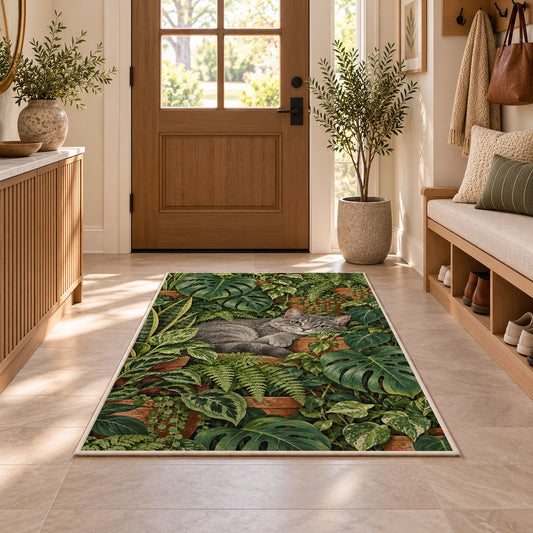 Gray Cat Houseplants rug in an entryway with a wooden door and bench