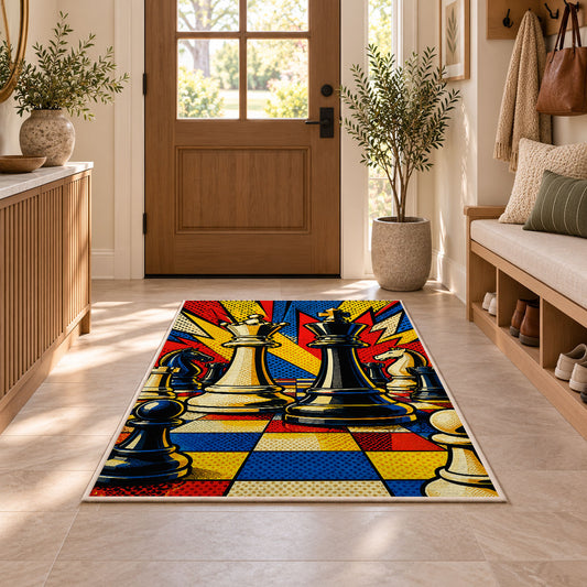 pop art chess king and queen rug in an entryway with a wooden door and bench