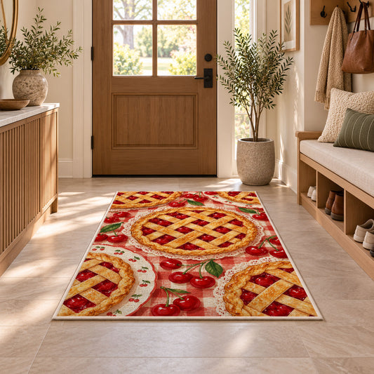 Cherry Pie Rug in an entryway with a wooden door and bench