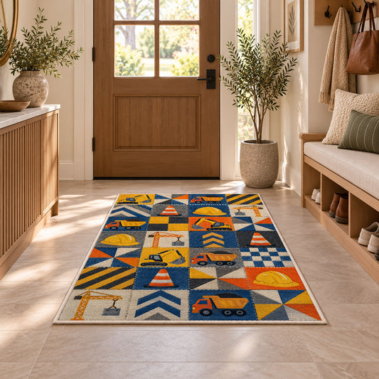 Construction Patchwork Rug in an entryway with a wooden door and bench