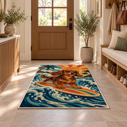 Surfing Dachshund Rug in an entryway with a wooden door and bench