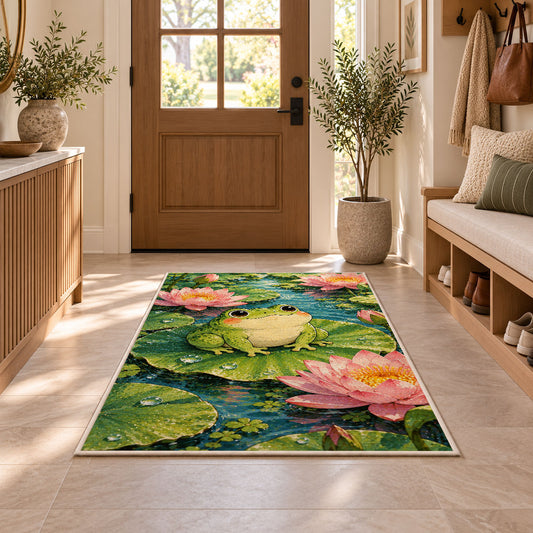 frog on a lily pad rug in an entryway with a wooden door and bench