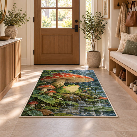 frog under a mushroom umbrella in the rain rug in an entryway with a wooden door and bench